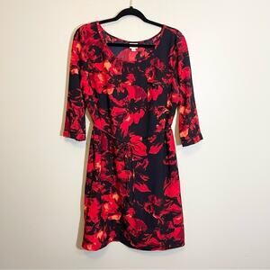 Merona Women's Red Floral Scoop Neck 3/4 Sleeve Leather Trim Shift Dress Large